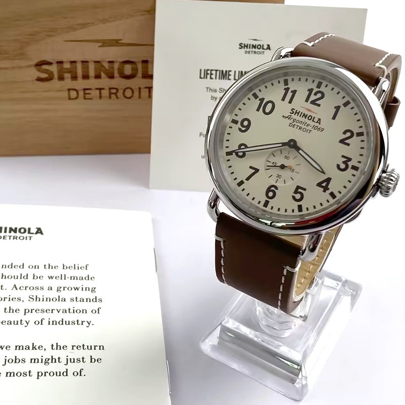 Men Shinola Runwell Argonite 1069 Cream Dial Quartz New Watch 41mm Leather Strap