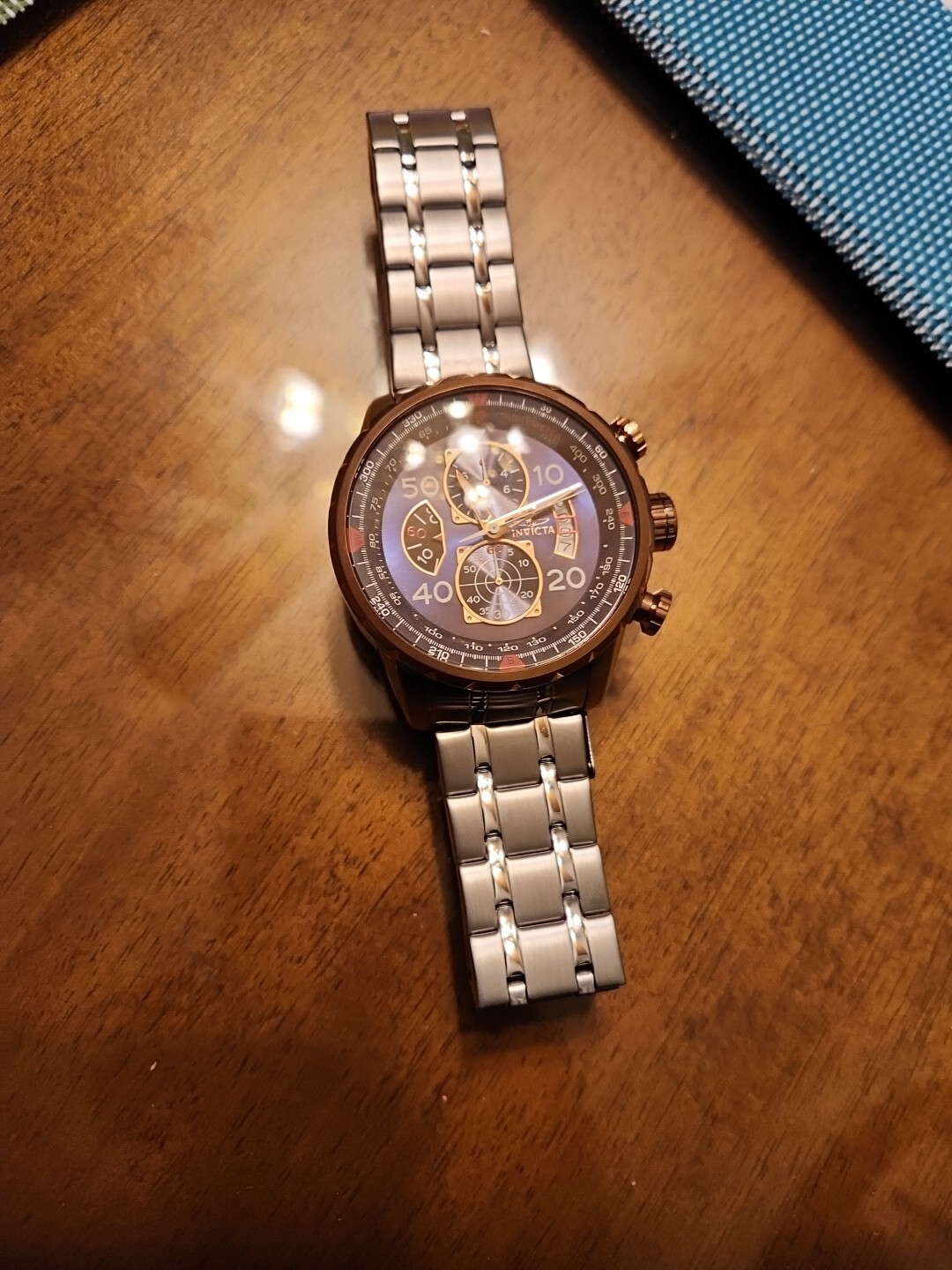 17203 Invicta Men AVIATOR CHRONOGRAPH ROSE GOLD BLUE Dial Silver Bracelet Watch