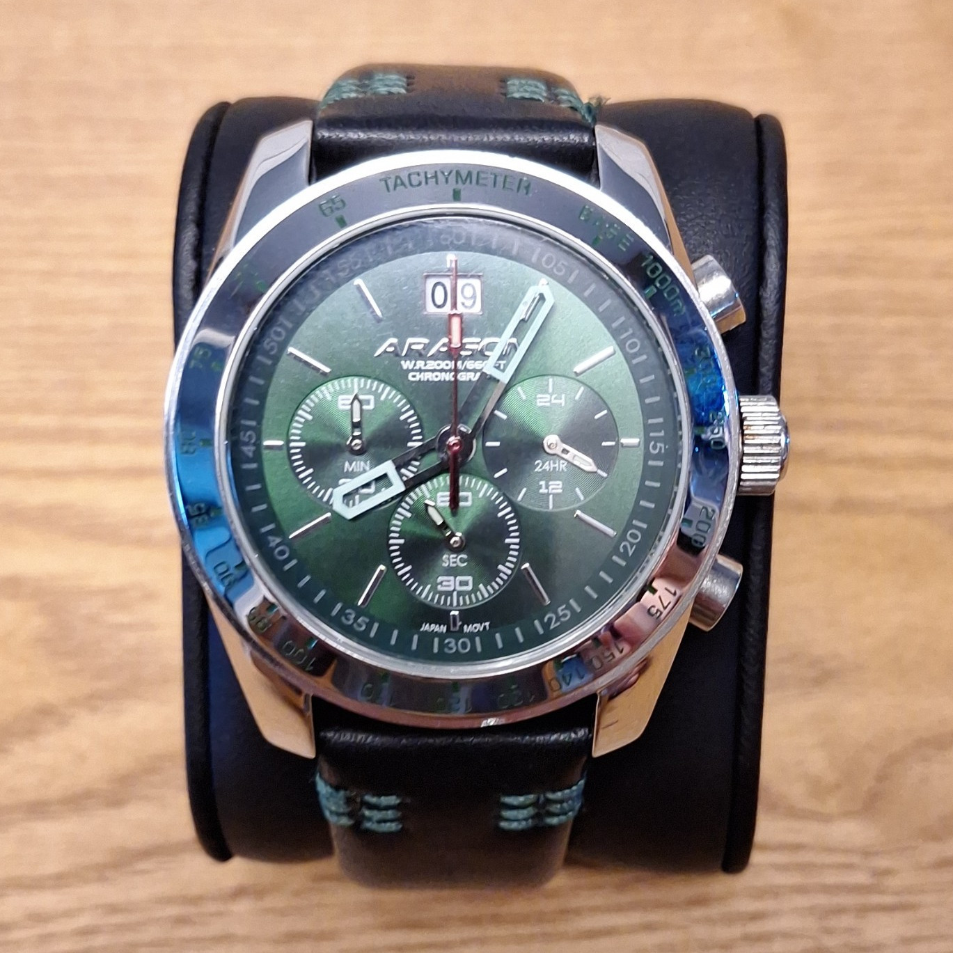 ARAGON Wing Engineered Green Dial Chronograph Quartz 200m Black Leather