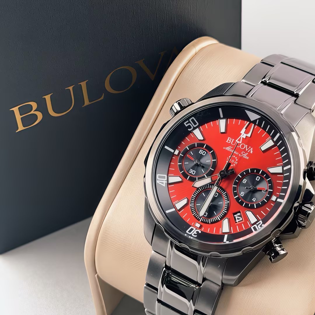 Bulova 98B350 Marine Star Men’s Chronograph Quartz Watch Red Dial Stainless 43mm