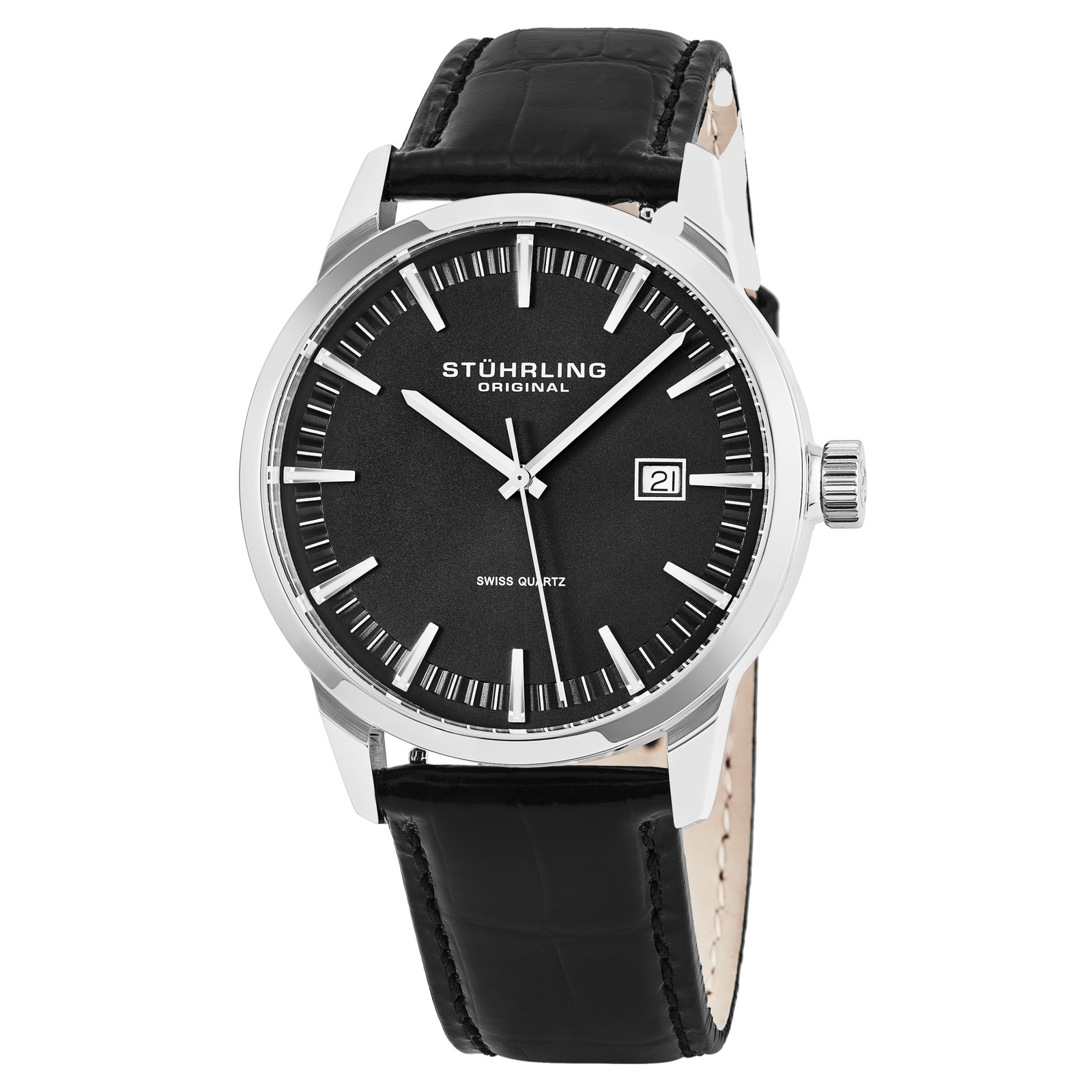 Stuhrling Original 555A 01 Classic Ascot Black Leather Strap Mens Watch