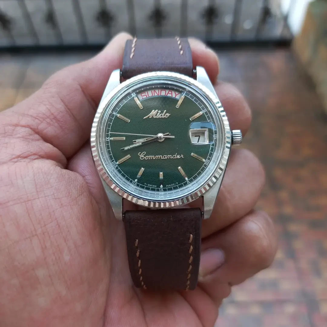 Rare MIDO Commander President Day date Green Dial Automatic Vintage Watch Men
