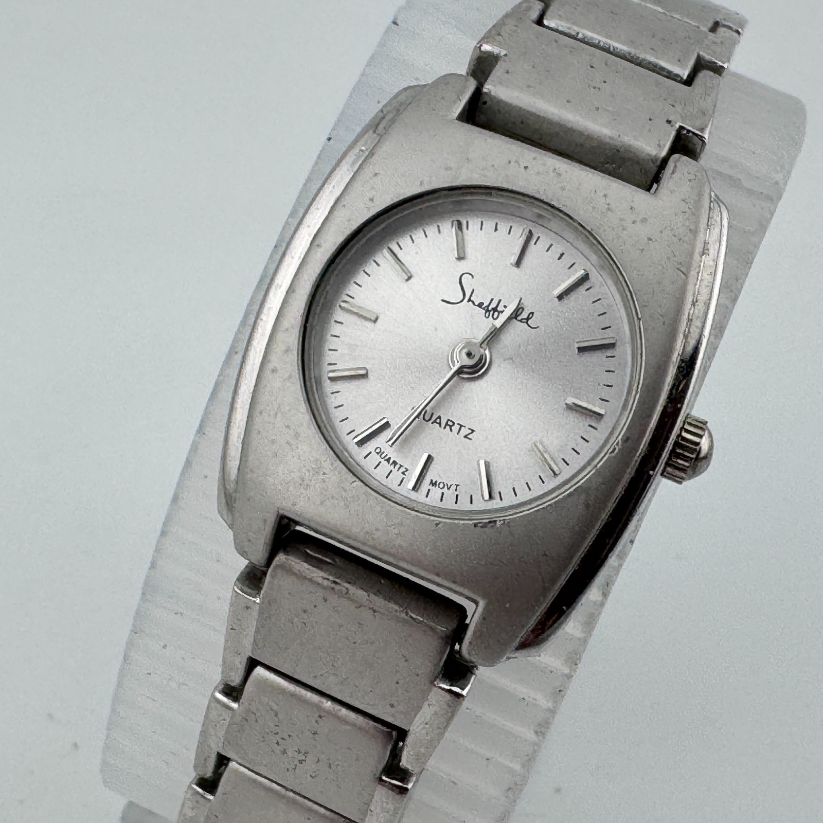 Vintage Sheffield Quartz Watch Women Silver Barrel Analog New Battery 6.25″