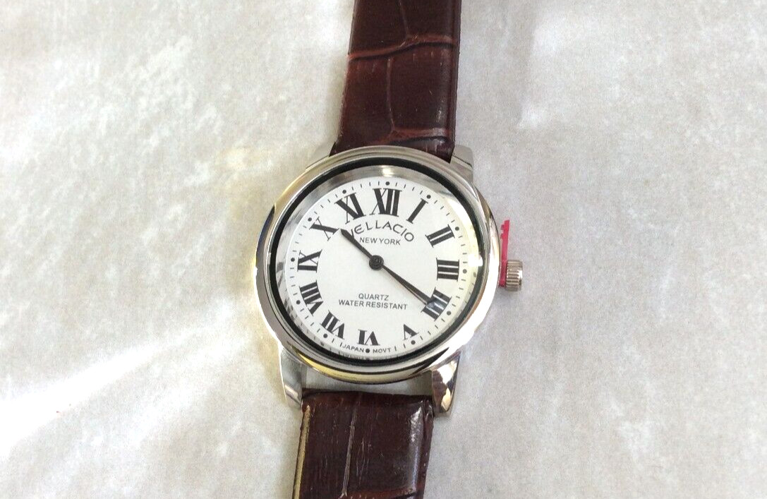 Vellacio Women’s Watch Round Silver Dial Roman Numerals Brown Leather Band New!