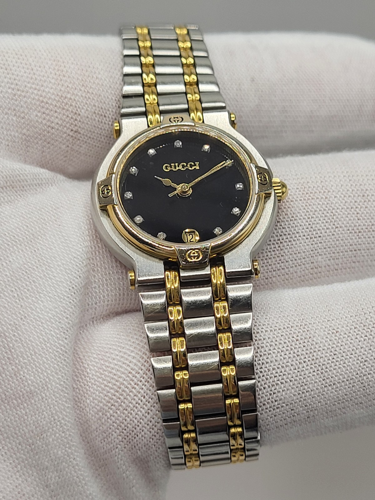 SWISS [N. MINT] Gucci 9000L 11P Diamond Black Dial Woman’s Quartz Watch Vintage