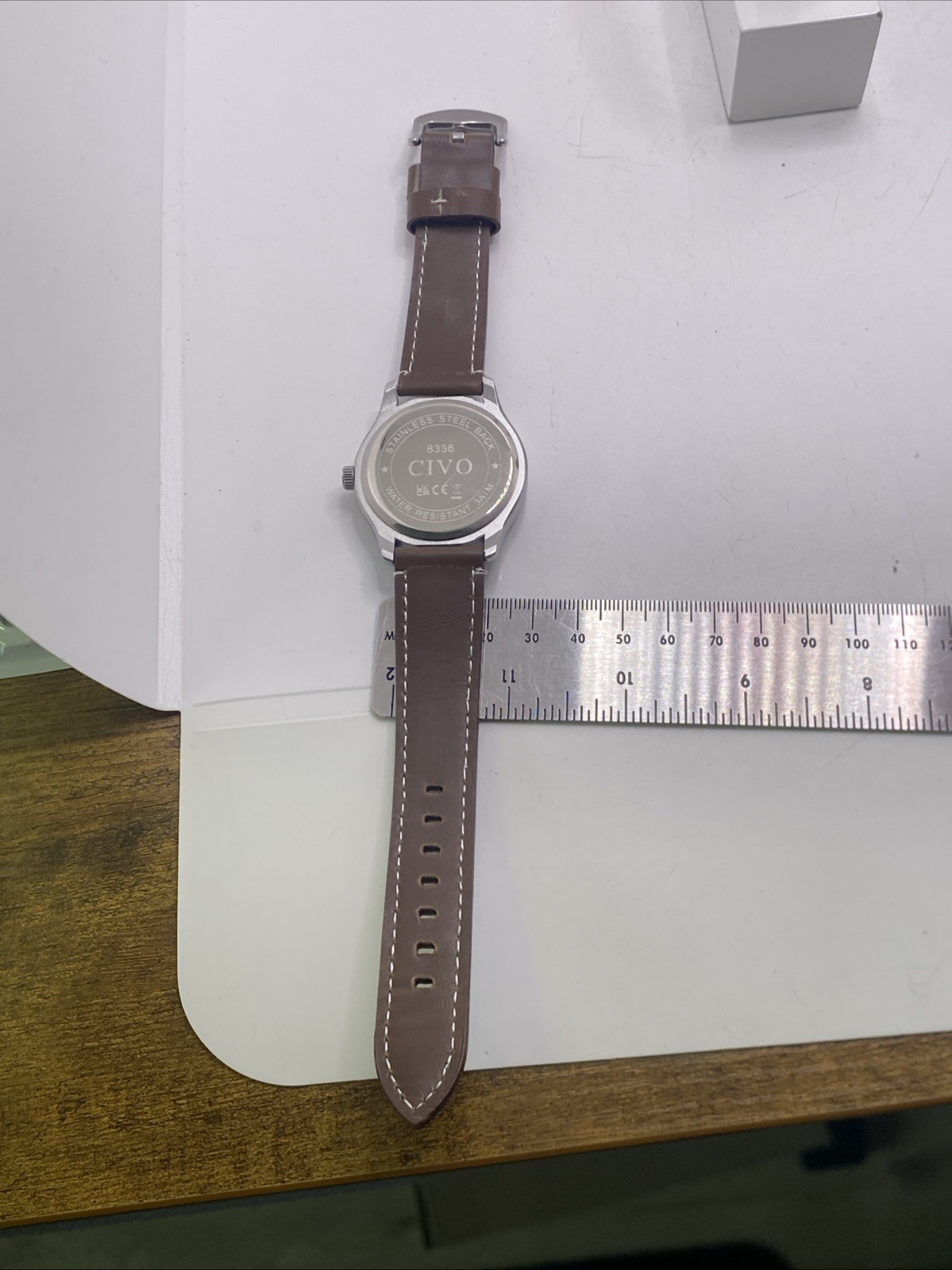 Civo Mens Silver Tone Brown Leather Watch Works New Battery