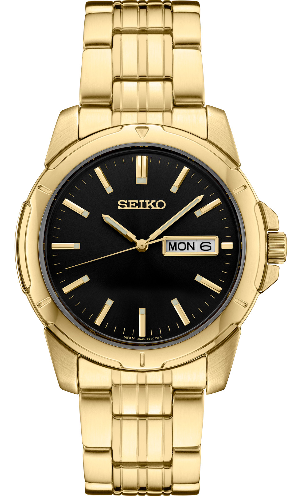 Seiko Essentials Black Dial Gold Tone Stainless Steel Men’s Watch SUR358