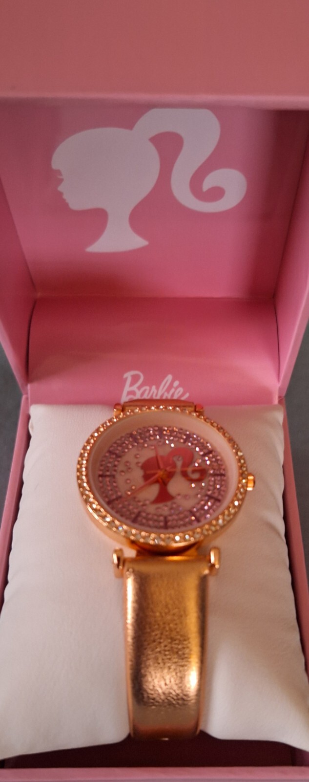 Barbie Silhouette, Quartz Movement & Rhinestone Watch. Bronze Gold Tone Strap.