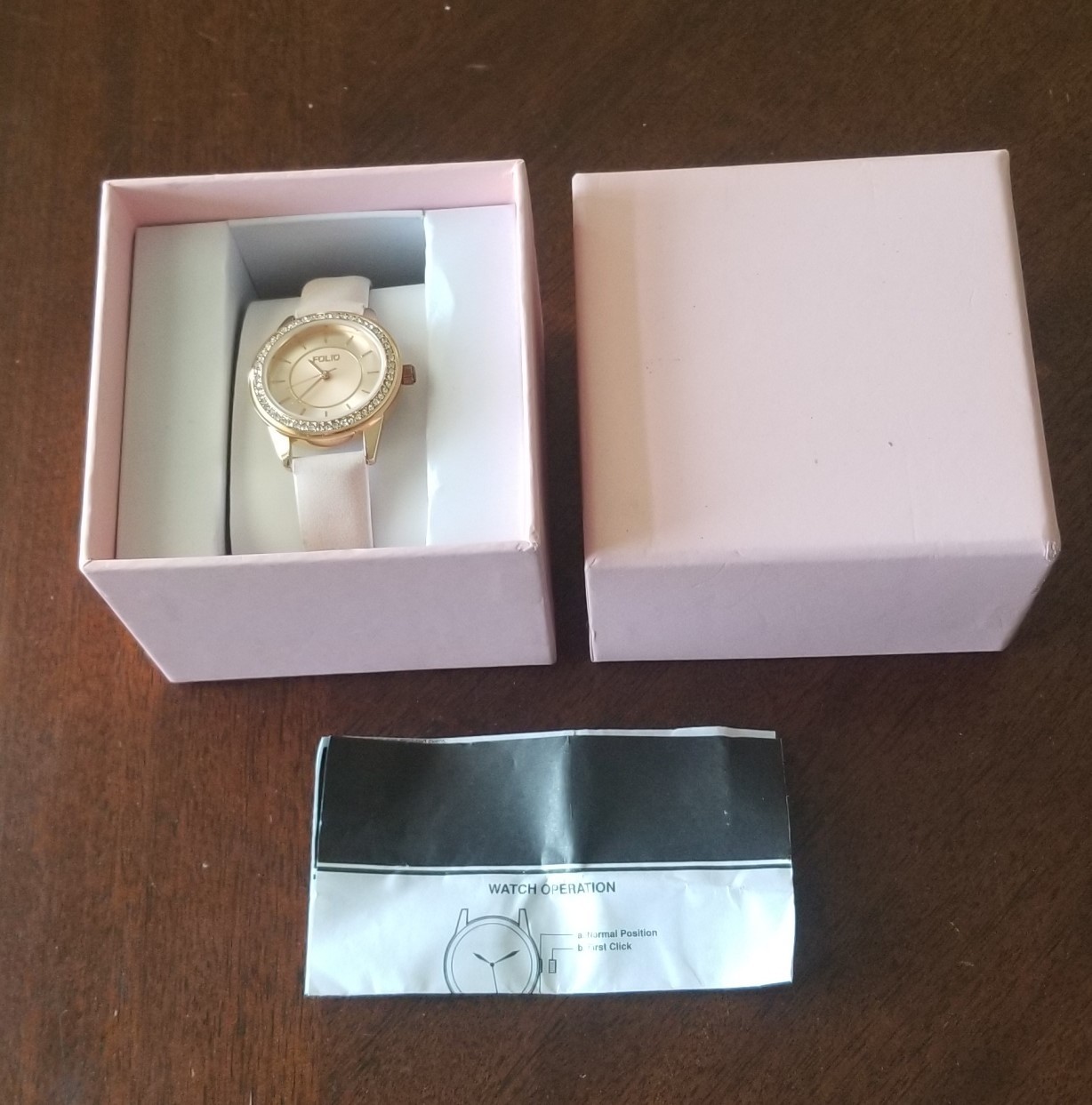 NWT Folio (Kohl’s) Rose Gold Tone Watch Crystal Bezel Faux Band 6″-7.5″ New Batt