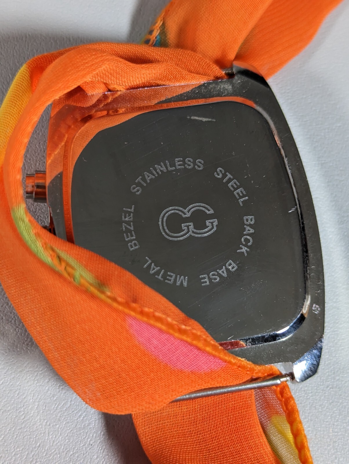 Pearlized Dial Silver Tone Rectangle Case Orange Satin Wrap Band Watch 33 Inch