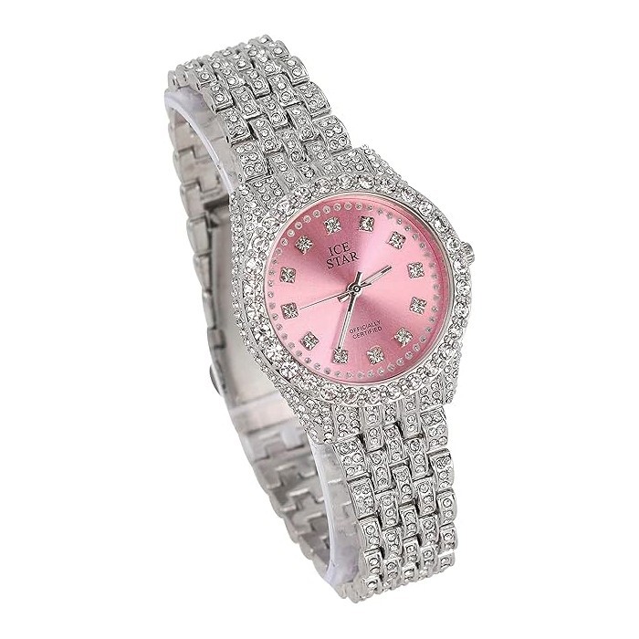 Women’s Luxury Elegant Iced Silver Plated Bling CZ Pink Dial Metal Band Watch