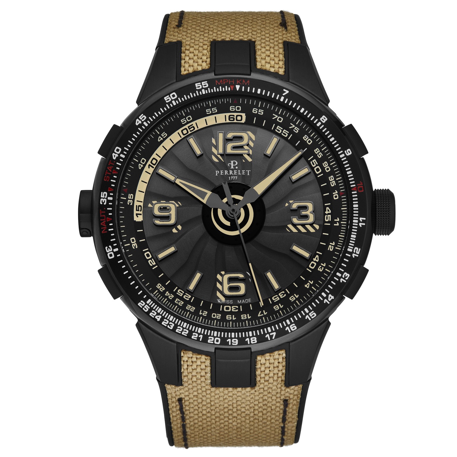 Perrelet Men’s ‘Turbine Pilot’ Black Dial Textile Strap Automatic Watch A1096/1