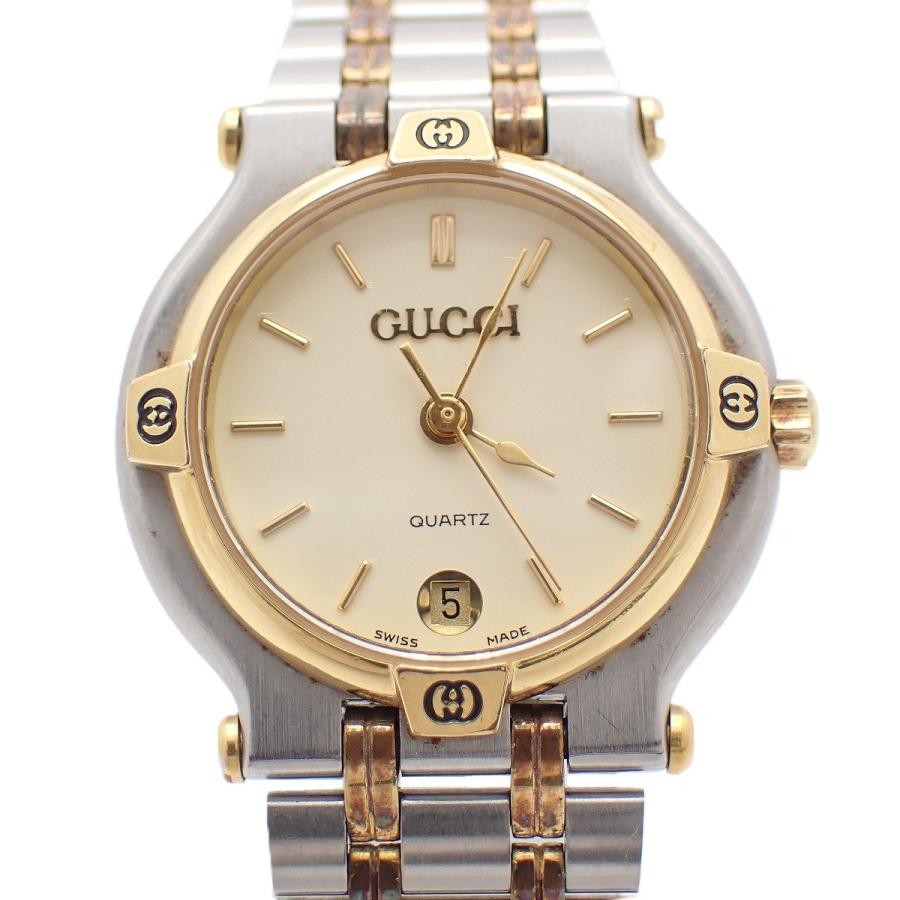 GUCCI 9000L Women’s Vintage Quartz Watch Ivory White Dial Date Round Near Mint