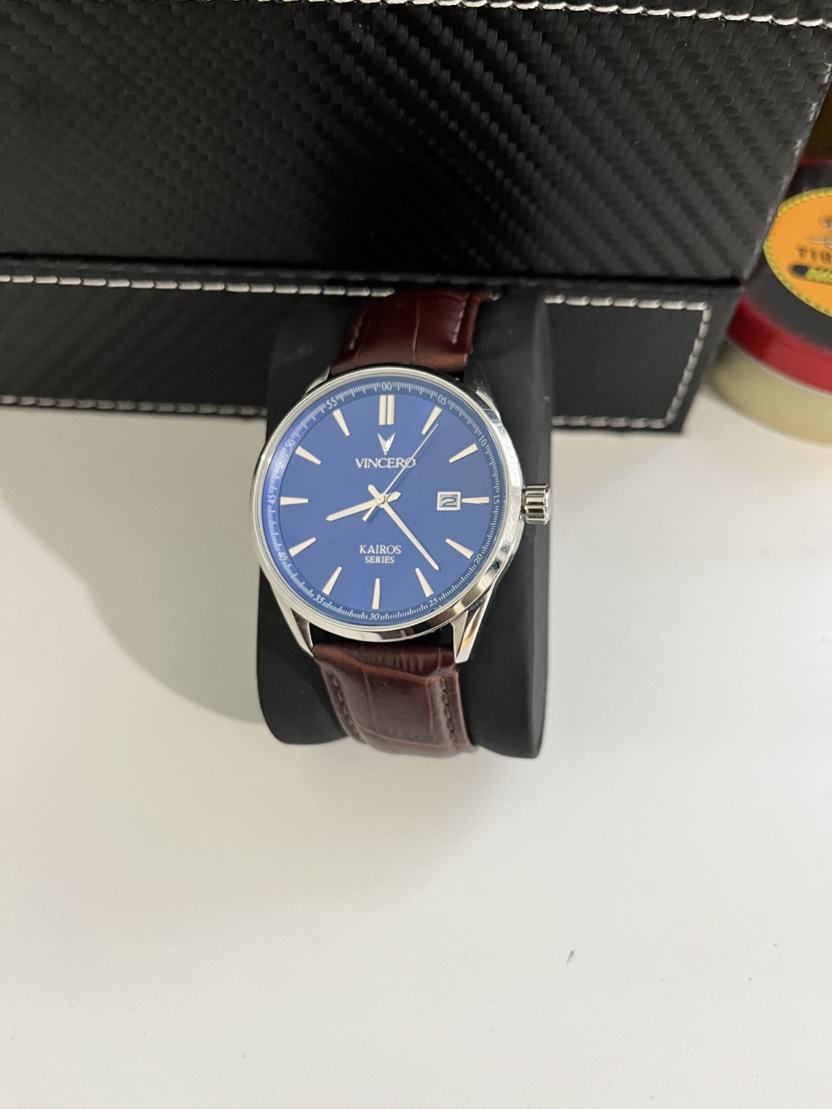 Vincero Kairos Blue Dial Men Automatic Watch Silver Case/Brown Italian Leather