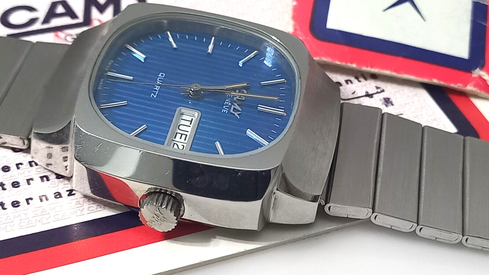 NOS 1970’S CAMY GENEVE QUARTZ SWISS MEN’S WATCH + INSTRUCTION & BLANK GUARANTEE
