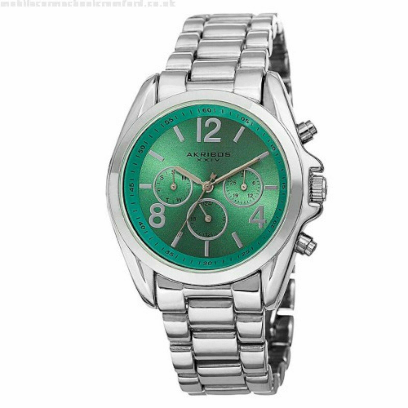 NEW Akribos XXIV AK760SSTQ Women’s Day Date Turquoise Sunburst Dial Silver Watch