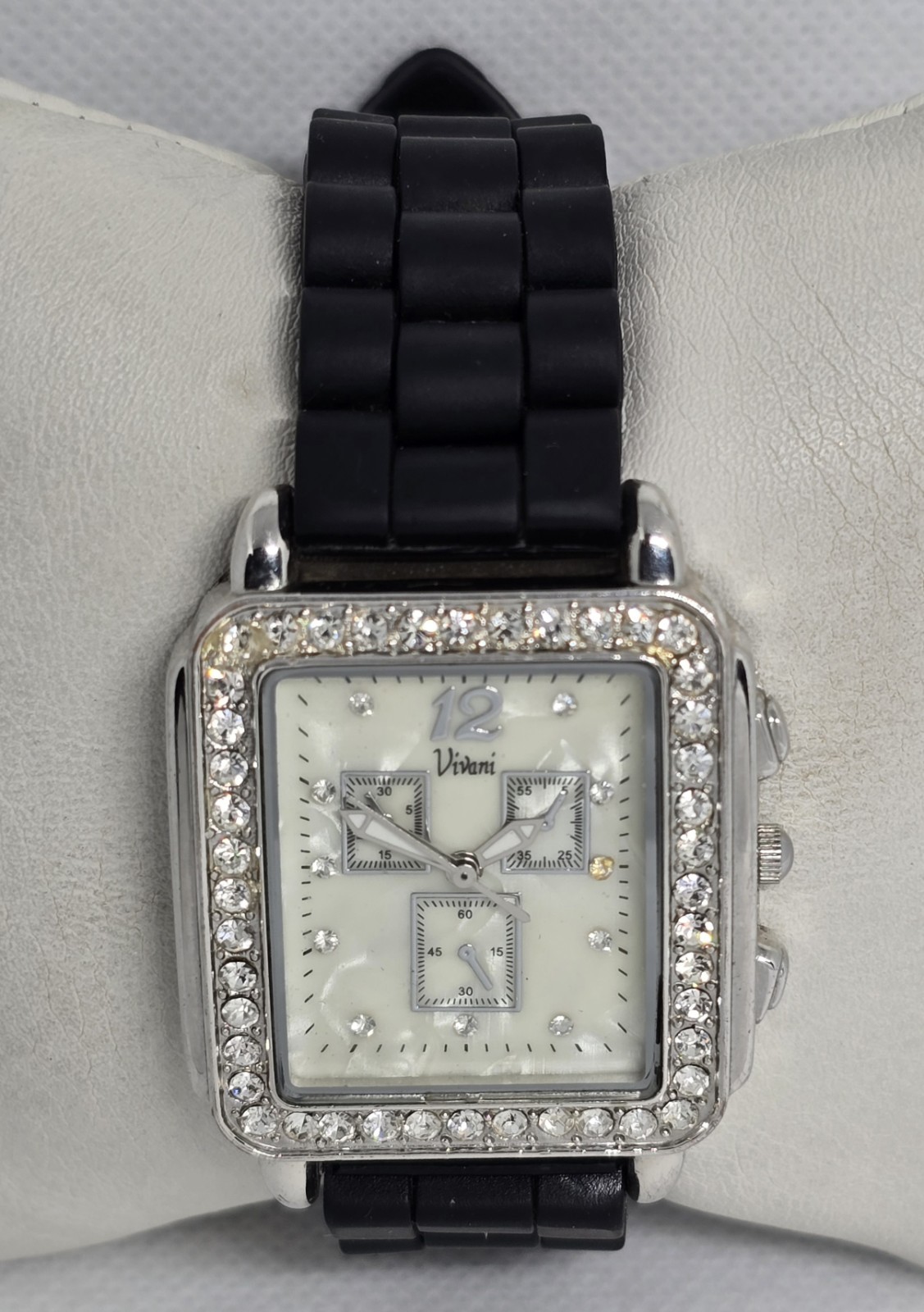 Women’s Vivani Rectangle Silver Tone Rhinestones Black Silicone Strap Watch 12