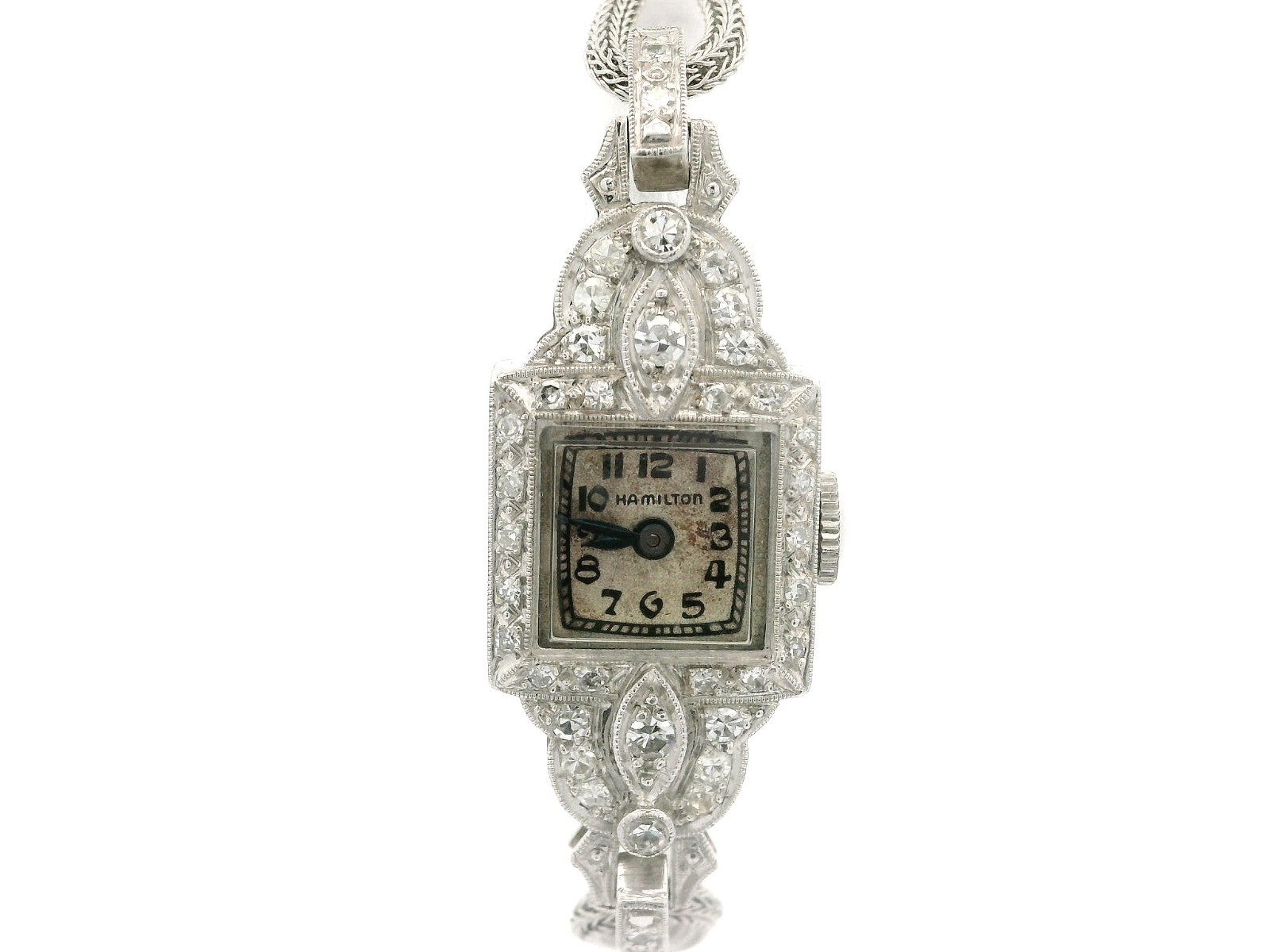 Antique Art Deco Hamilton Platinum Diamond Wrist Watch White Gold Mesh Bracelet