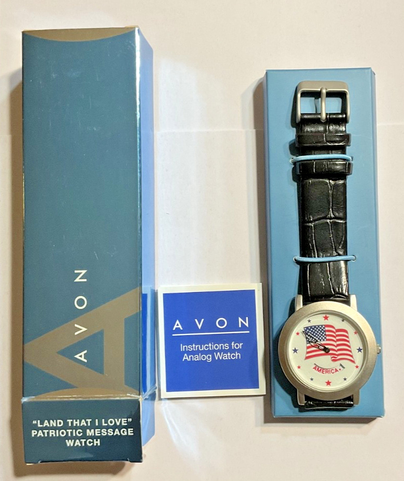 2007 Avon “Land That I love” Patriotic Message Watch USA Flag New W/Box & Paper