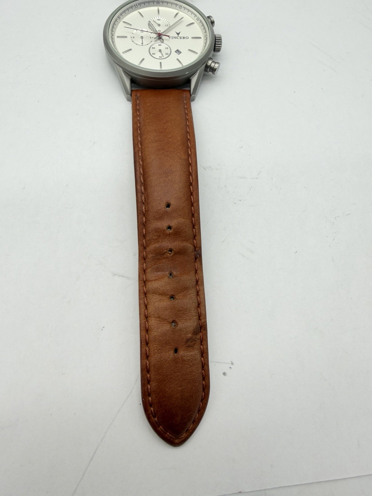 Vincero Chrono S Chronograph Quartz White Dial Brown Leather Strap New Battery