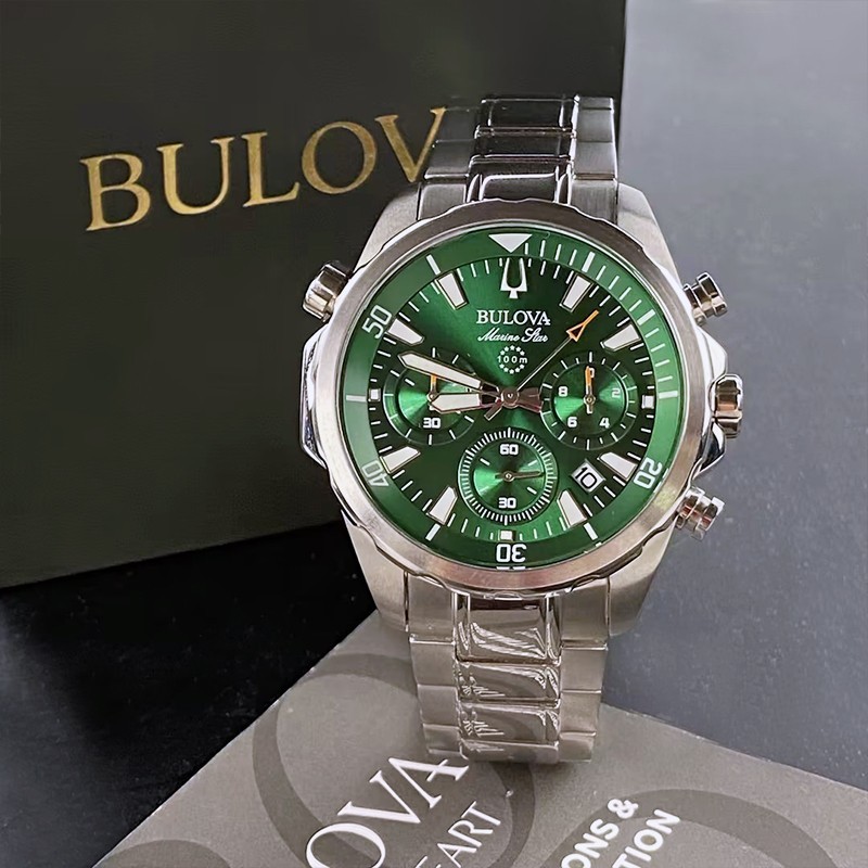 Bulova Men’s Marine Star 96B396 Green Dial Quartz Chronograph Watch 43MM