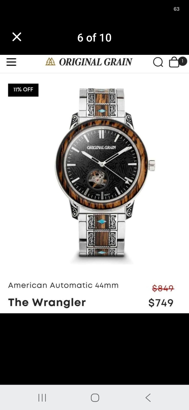 New Original Grain The Wrangler American Automatic 44mm SS/Wood Bracelet 50m