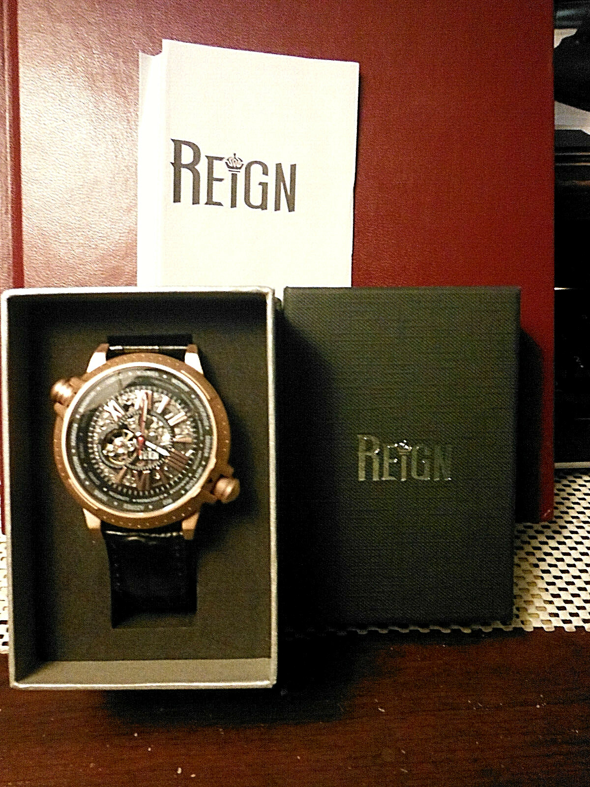 NEW MEN’S REIGN THANOS AUTOMATIC SKELETON LEATHER ROSE GOLD BEZEL WATCH #RN2107!