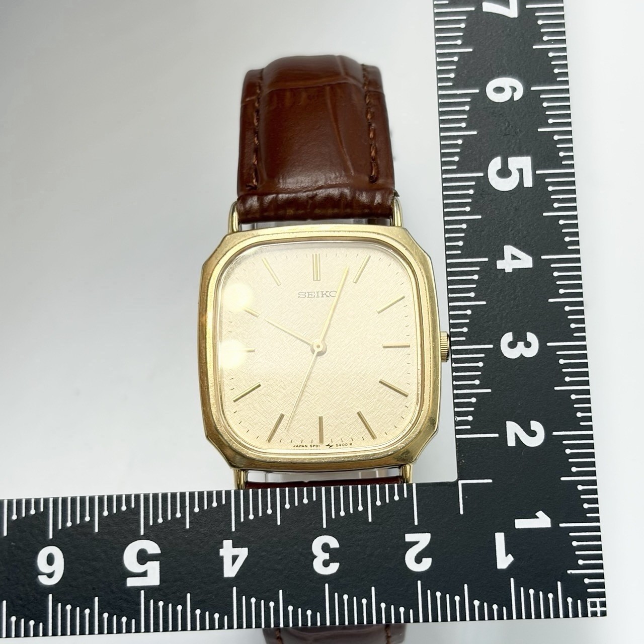 Vintage Seiko Quartz 5P31 Gold Tone Square Textured Dial New Leather Strap