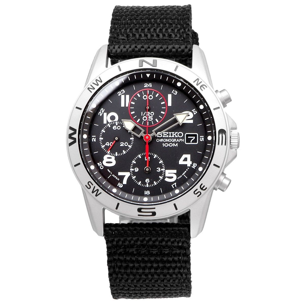 SEIKO SND399P Black Chronograph 100m Men’s Watch Stainless Steel New Japan