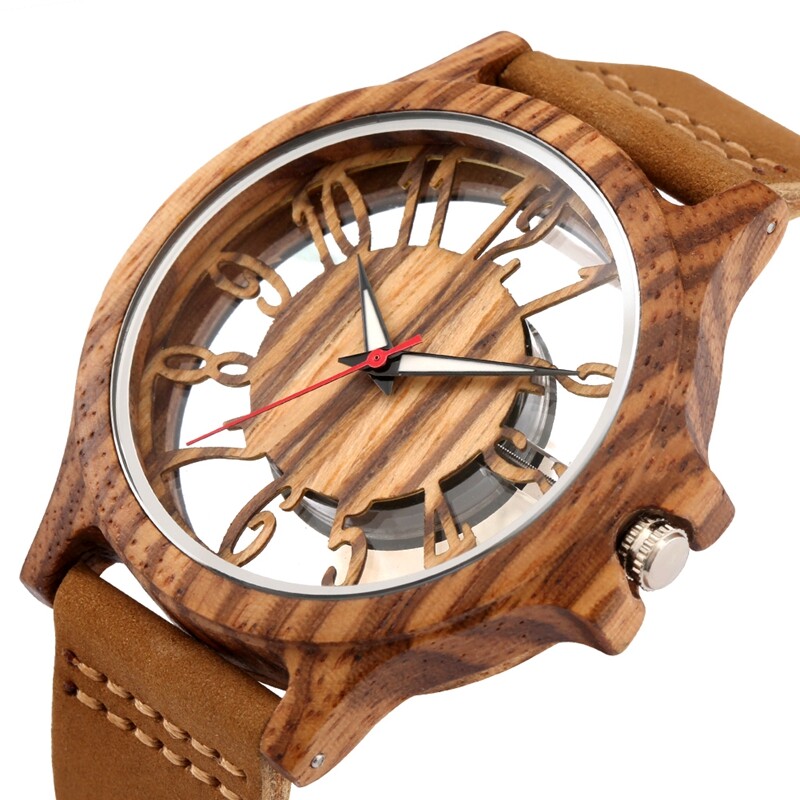 Mens Womens Quartz Wood Watch Wooden Unique Hollow Arabic Dial Wristwatches Gift