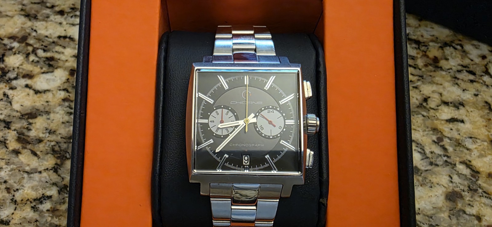 Chicane Chronograph 38mm Square Stainless Steel Watch Black Dial Quartz