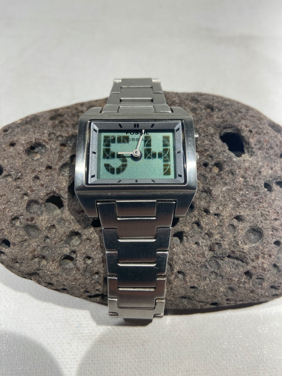 Fossil Big Tic Watch Square Quartz Silver Steel Rare Digital New Batteries
