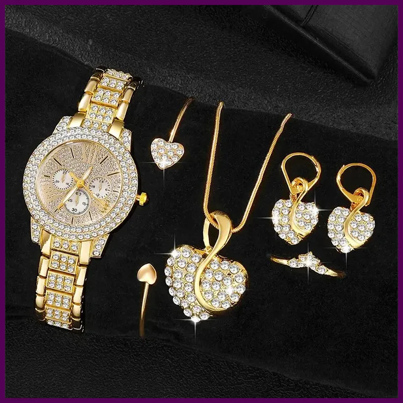 Women’s Quartz Watch Gold Luxury Women Ring Necklace Earring Rhinestone Fashion