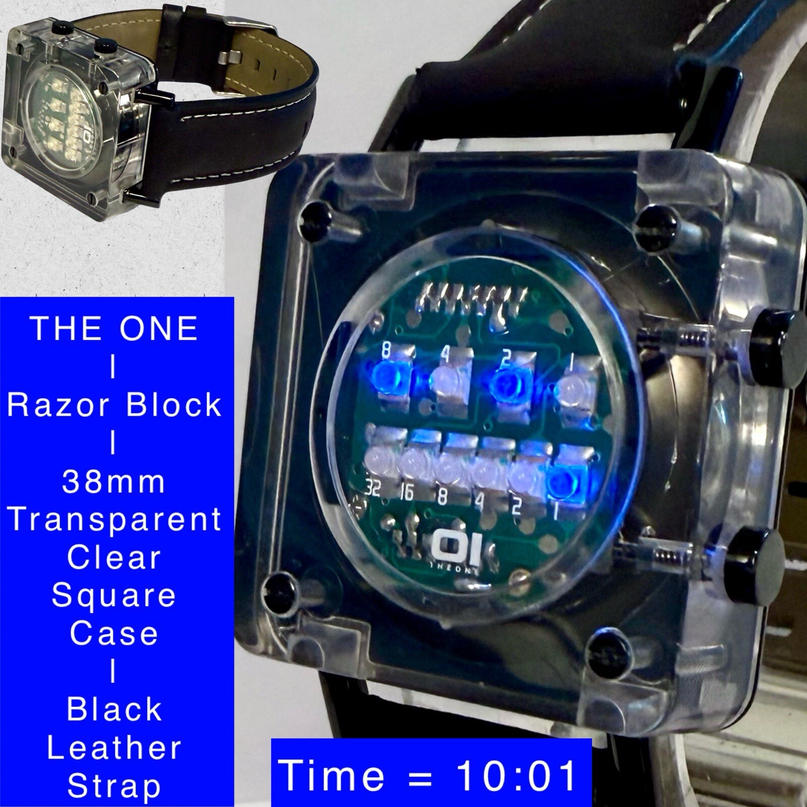 38mm Transparent RAZOR BLOCK Green Circuit Dial THE ONE Mens Digital Watch