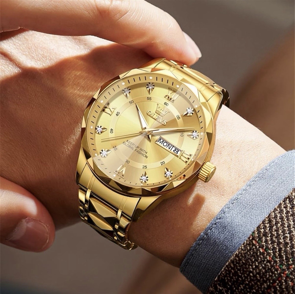 OLEVS Watch Mens Luxury Gold/Diamond, Stainless Steel Business Analog Luminous