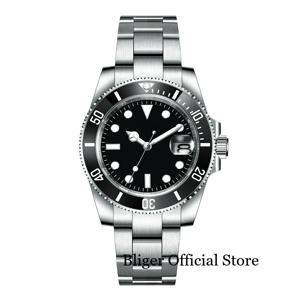 BLIGER 200M Waterproof Nologo PT5000 NH35A Black Automatic Mens Watch Glide Lock
