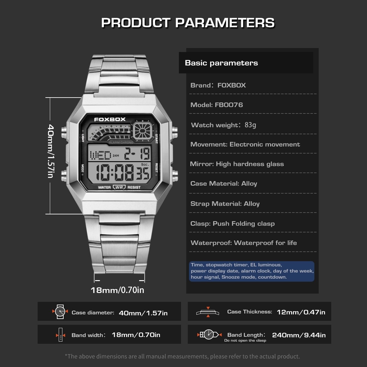 Mens Business Stainless Steel Digital Waterproof Luminous With Date Wrist Watch