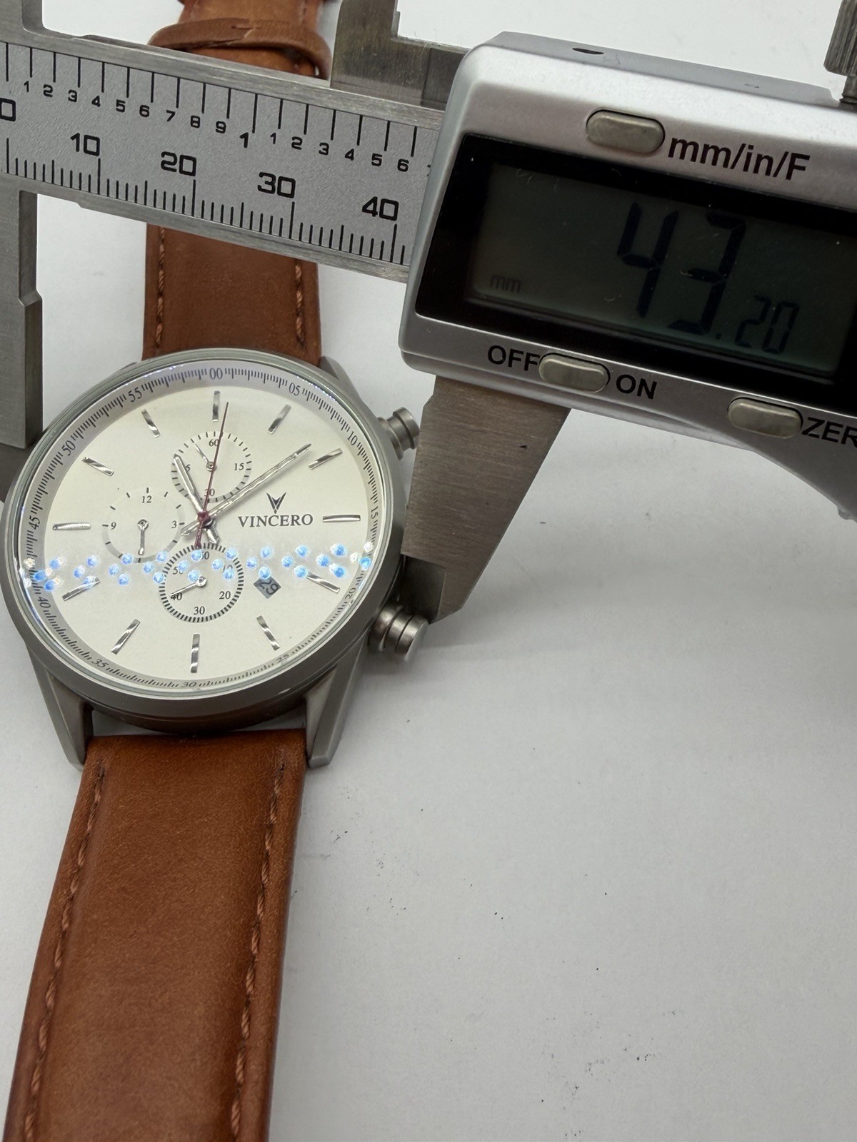 Vincero Chrono S Chronograph Quartz White Dial Brown Leather Strap New Battery