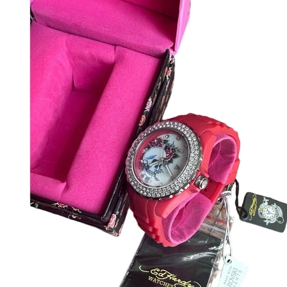 NIB Ed Hardy Love Kills Slowly Watch Swarovski Crystals & Red Pink Band Y2K