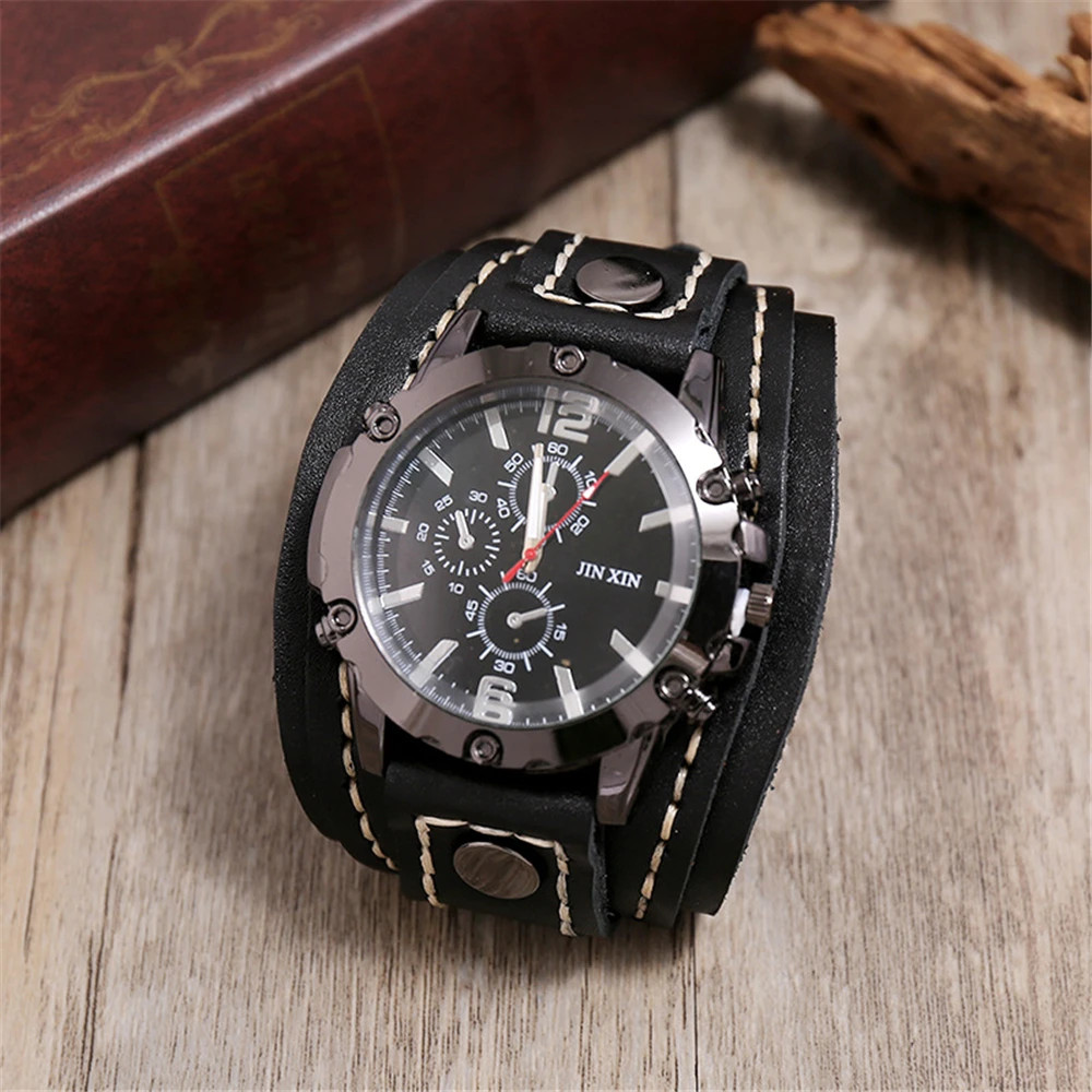 Black Brown Blue Men Pointer Quartz Watch Genuine Leather Strap Bracelet Vintage
