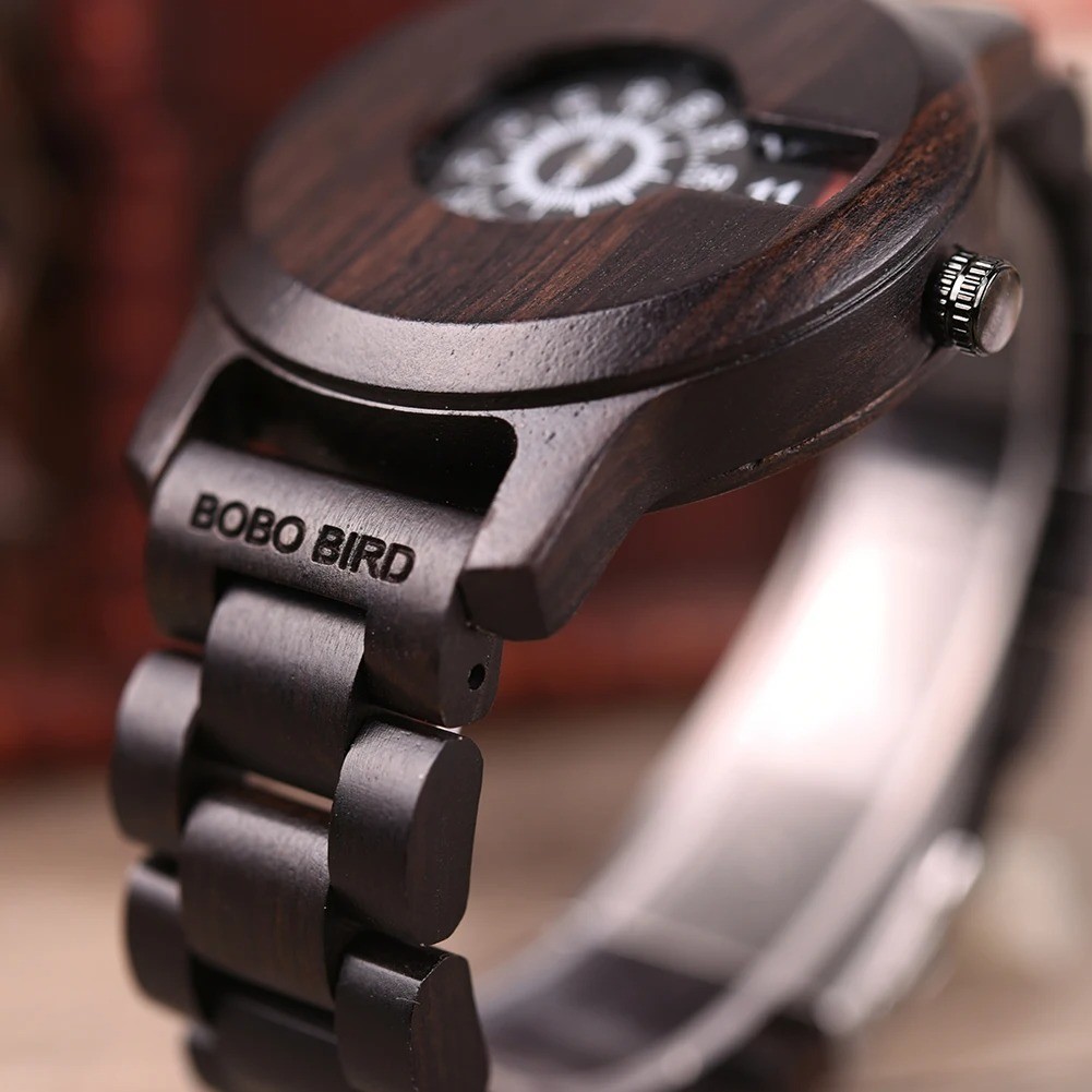 BOBO BIRD Men’s Ebony Wood Watch Quartz Calendar 21.6cm / 8.5″ Custom Engraving