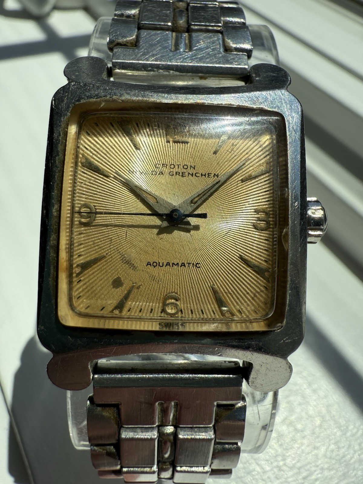 Vintage Croton Nivada Grenchen Aquamatic Tank Watch Patina Dial Nice Lugs