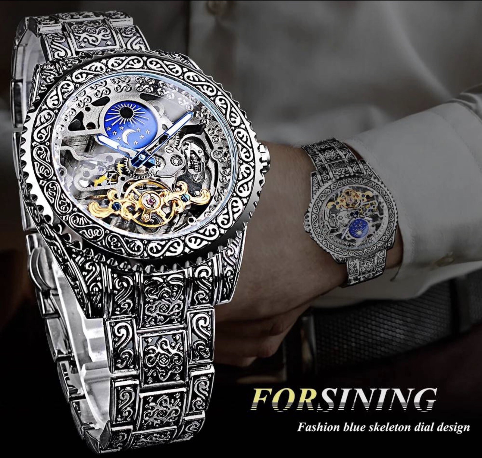 Forsining Skeleton Carved Tourbillon Mechanical Watches Moon Dial Mens Watch