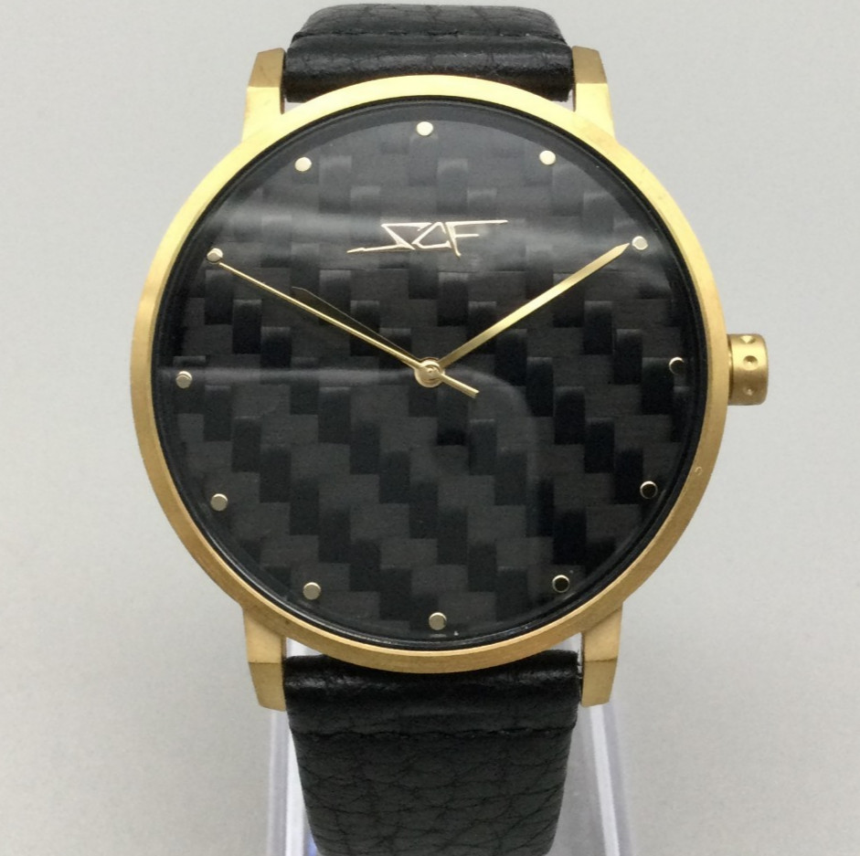 SCF Simply Carbon Fiber Watch Men 40mm Black Tone Dial Leather Band New Battery
