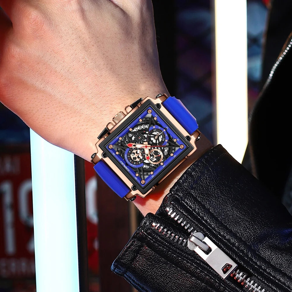 CRRJU Men Watch Luxury Brand Wristwatch Red Strap Male Rectangle Sport Watches