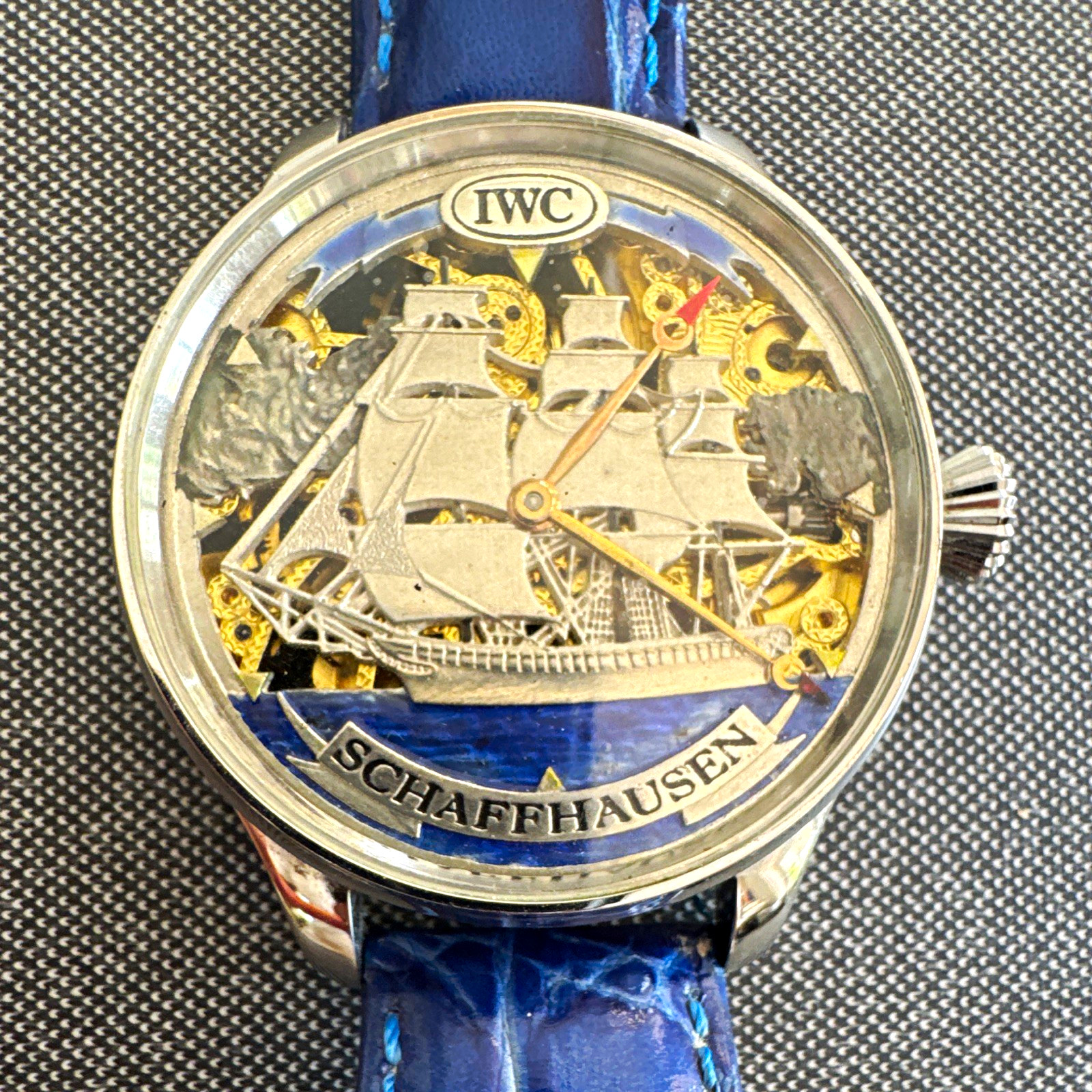 Style IWC Automatic Skeleton Ship Dial 44mm Blue Leather Strap Watch