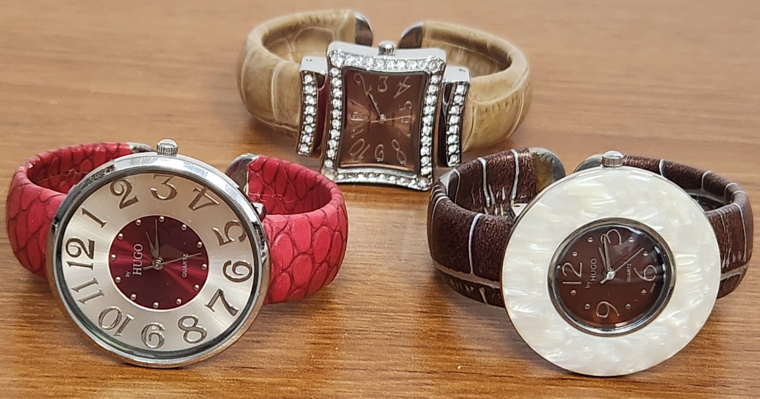 Lot Of 3 Hugo Ladies Quartz Watch Cuff Bangle Brown Red Silver New Battery