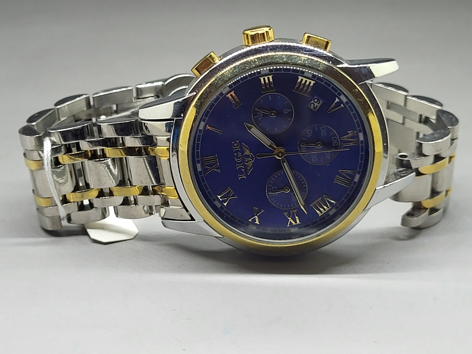 Lige Quartz Stainless Steel Chrono Man’s Watch Blue Gold Silver 6181WM1 1853