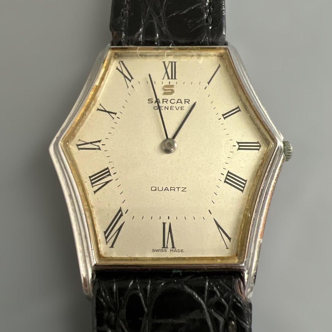 Sarcar Geneve Hexagon Watch Vintage Swiss Rare Ivory Dial Black Strap Retro Junk