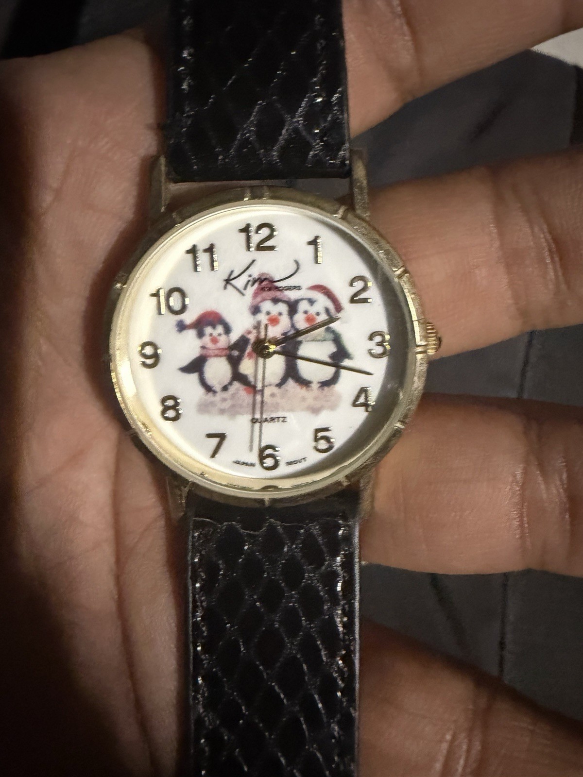 Kim Quartz Analog Cartoon Dial White/Multicolor Gold-Tone Case Black Leather